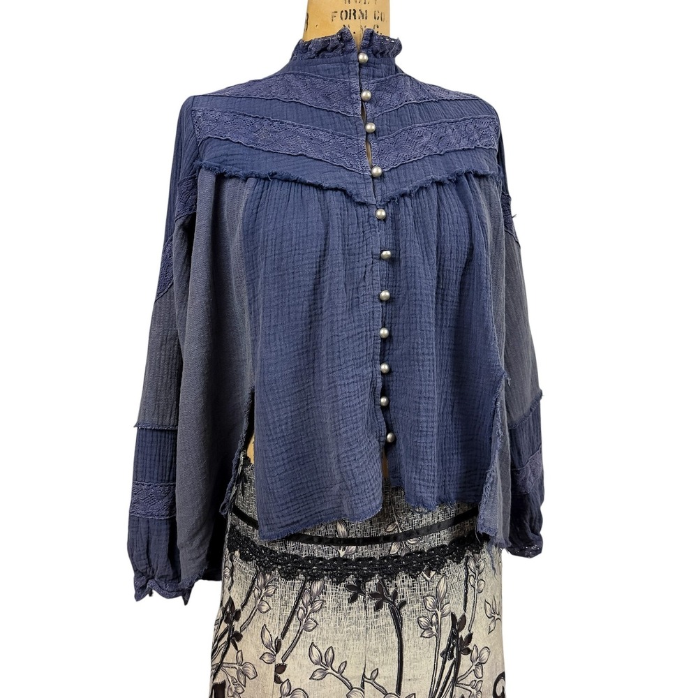 Prairie Cotton Gauze Balloon Sleeve Blouse Lace High Neck Lagenlook Boho Size L